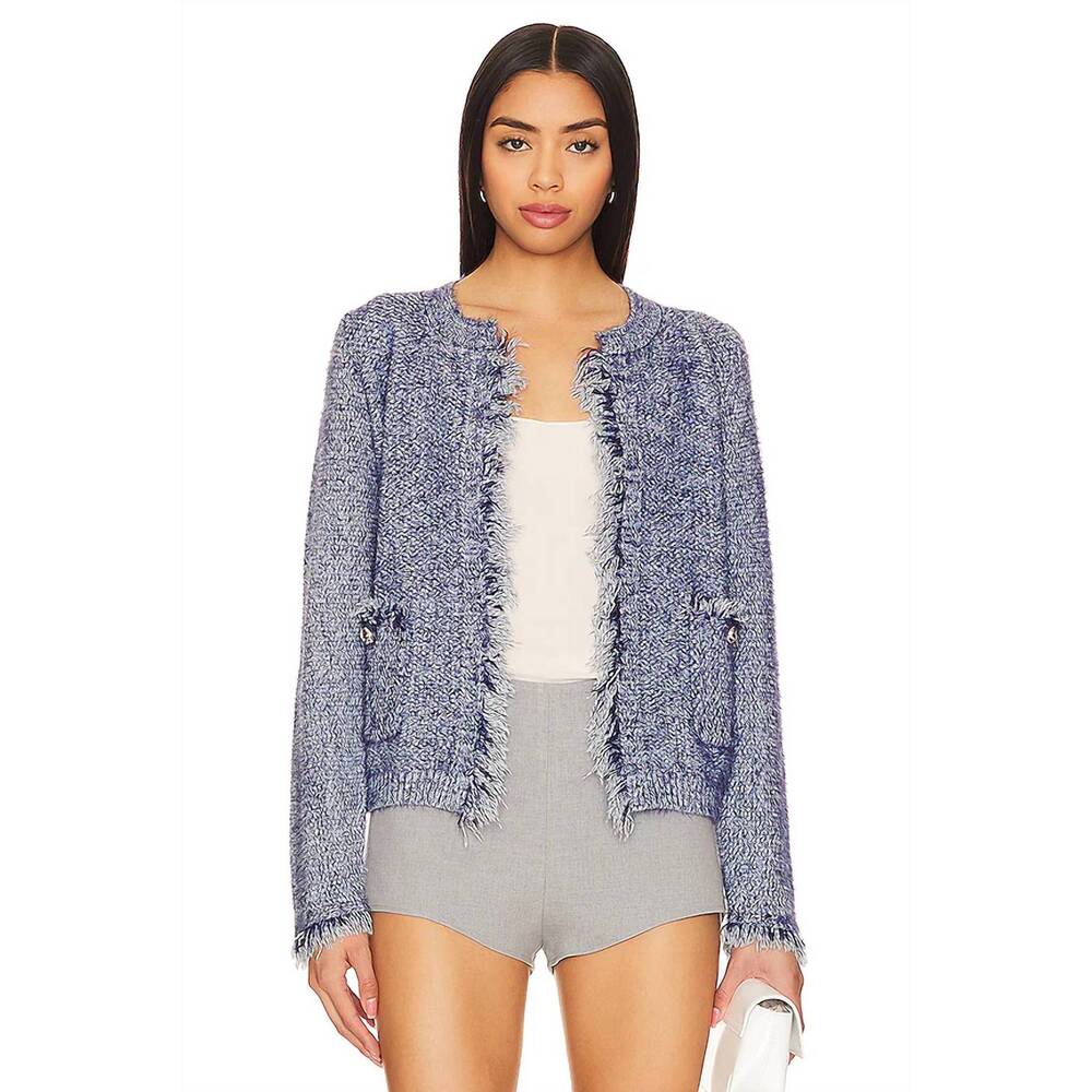 NEW LINE AND DOT fringe trim cardigan in denim